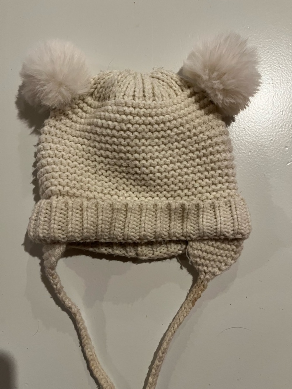 Zara Cream Knit Earflap Hat with Double Pom-Poms